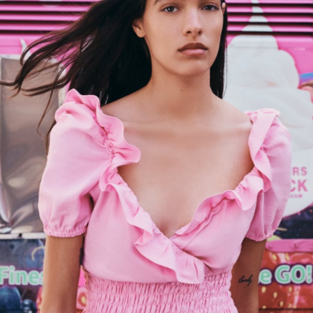 Zara Pink Linen Blend V Neck Ruffled Mini Dress, XS - Picture 1 of 11